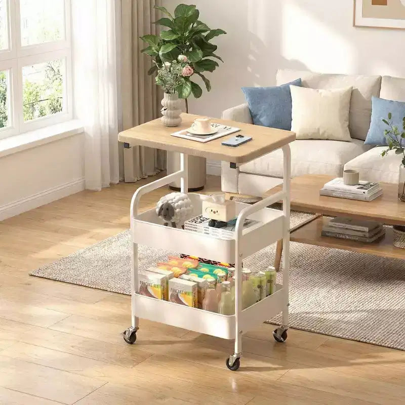 Chariot de rangement roulant à 3 niveaux avec plateau plat, desserte utilitaire robuste en métal avec roulettes verrouillables pour cuisine, bureau, dortoir et salon, blanc