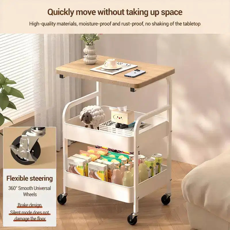 Chariot de rangement roulant à 3 niveaux avec plateau plat, desserte utilitaire robuste en métal avec roulettes verrouillables pour cuisine, bureau, dortoir et salon, blanc