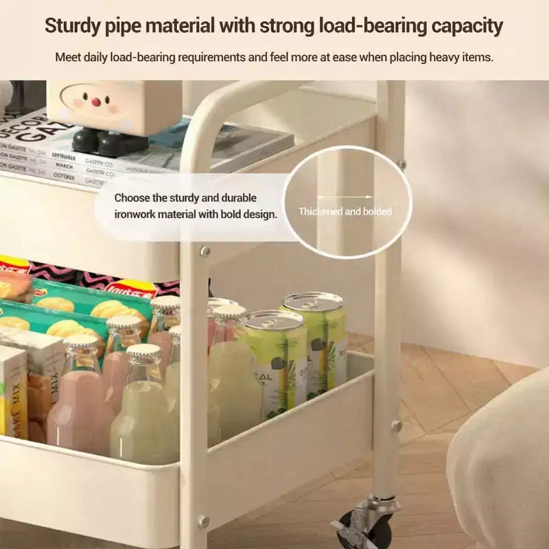 Chariot de rangement roulant à 3 niveaux avec plateau plat, desserte utilitaire robuste en métal avec roulettes verrouillables pour cuisine, bureau, dortoir et salon, blanc
