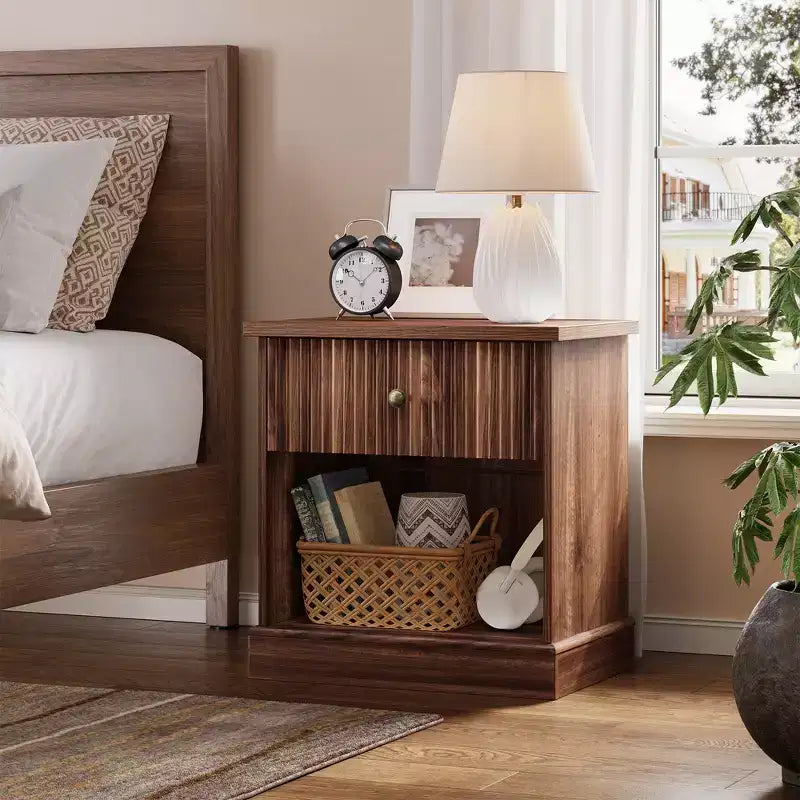 COZONY Fluted Nightstand with Drawer, Modern Bedside Table with Open Shelf, Nightstand with Storage, Space Saving Side Table with Curved Edge Base