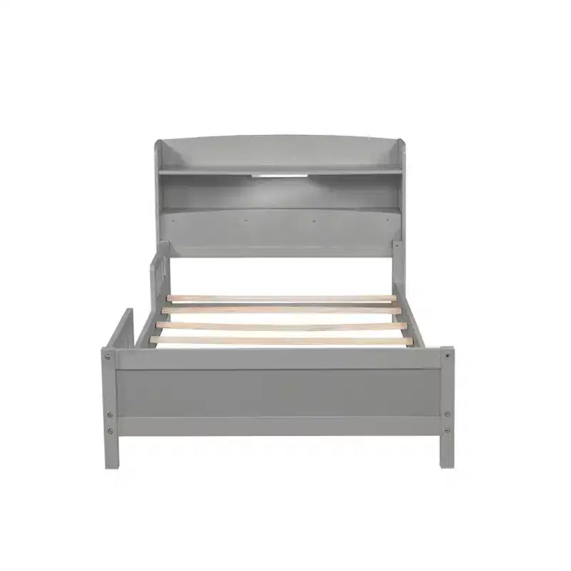 Lit plateforme jumeau/double avec tête de lit bibliothèque, cadre de lit jumeau en bois avec garde-corps et lumière LED pour chambre à coucher