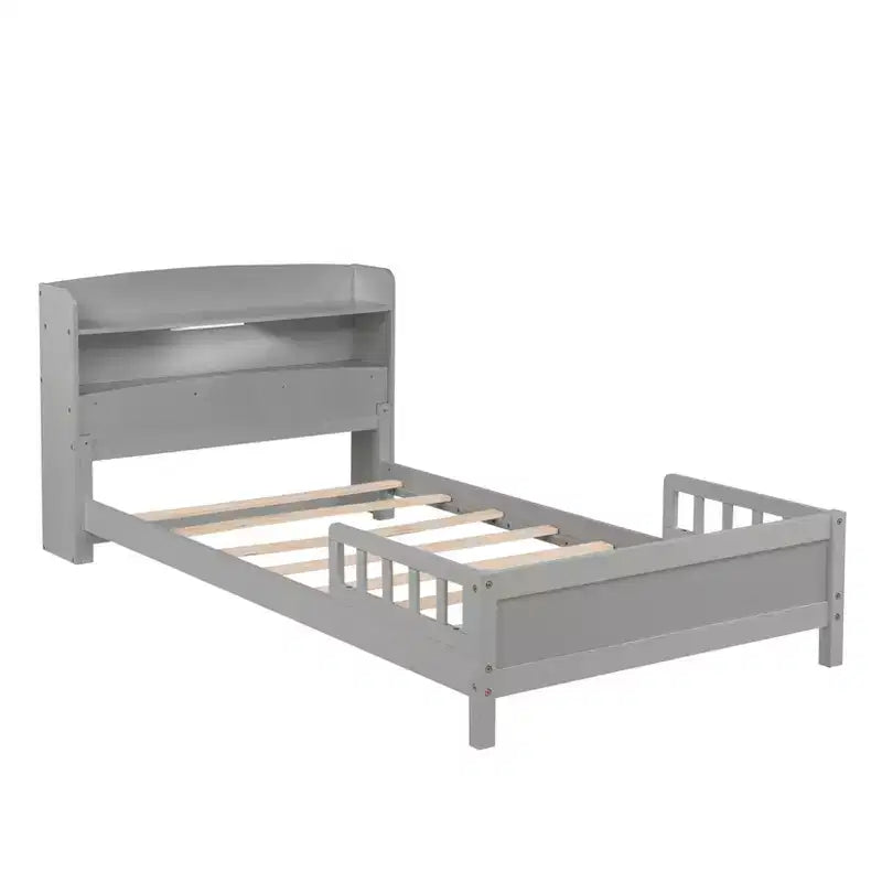 Lit plateforme jumeau/double avec tête de lit bibliothèque, cadre de lit jumeau en bois avec garde-corps et lumière LED pour chambre à coucher