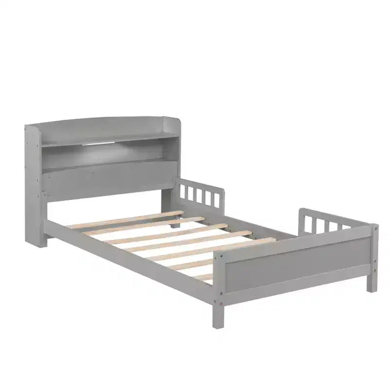 Lit plateforme jumeau/double avec tête de lit bibliothèque, cadre de lit jumeau en bois avec garde-corps et lumière LED pour chambre à coucher