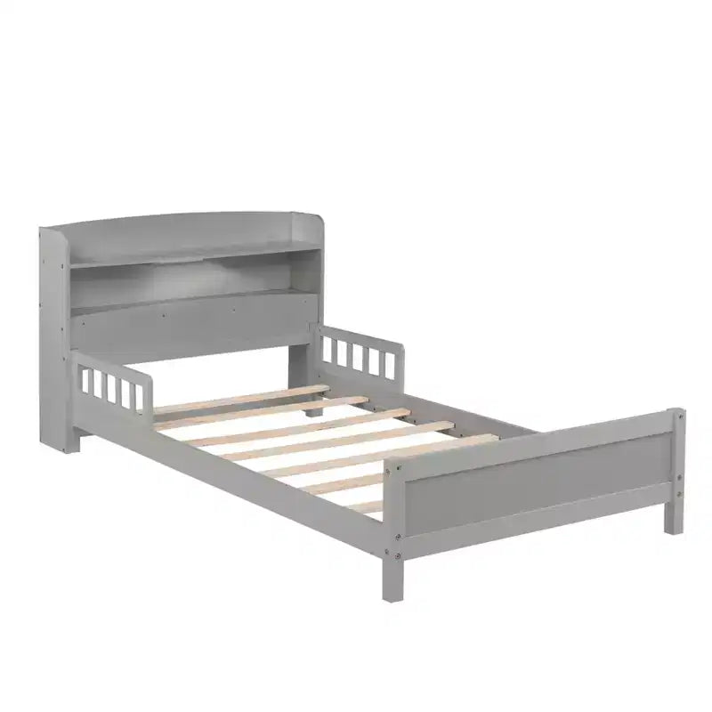Lit plateforme jumeau/double avec tête de lit bibliothèque, cadre de lit jumeau en bois avec garde-corps et lumière LED pour chambre à coucher