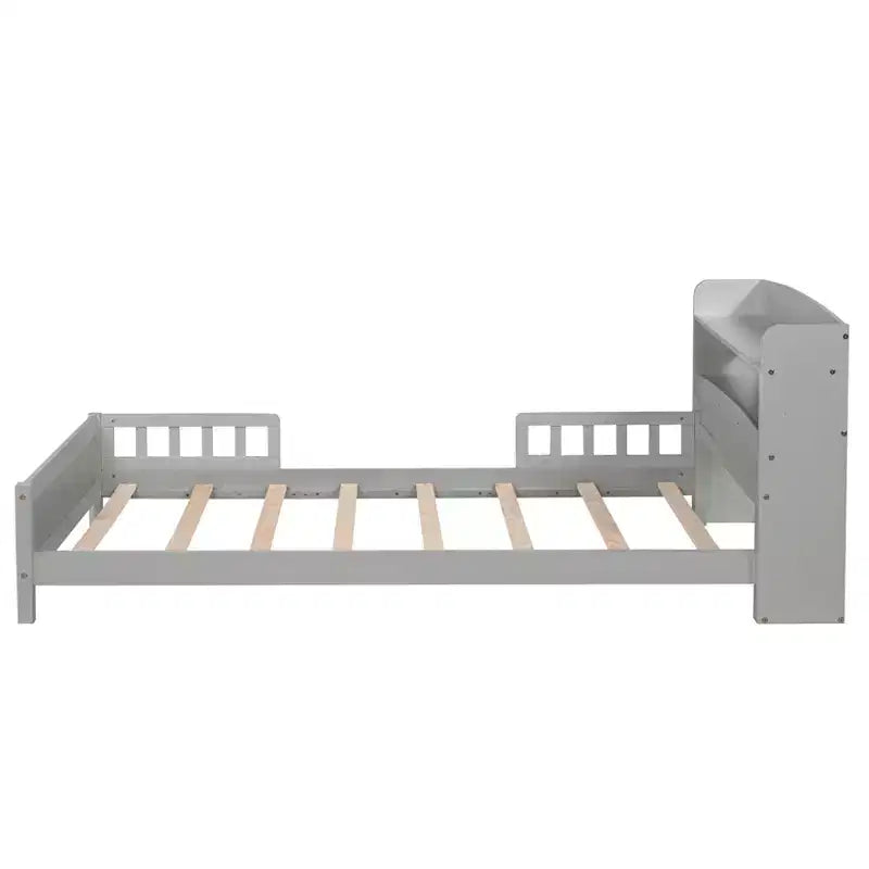 Lit plateforme jumeau/double avec tête de lit bibliothèque, cadre de lit jumeau en bois avec garde-corps et lumière LED pour chambre à coucher