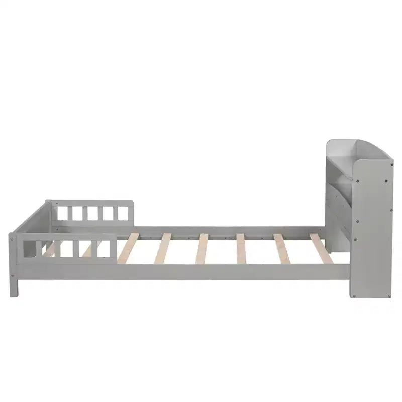 Lit plateforme jumeau/double avec tête de lit bibliothèque, cadre de lit jumeau en bois avec garde-corps et lumière LED pour chambre à coucher