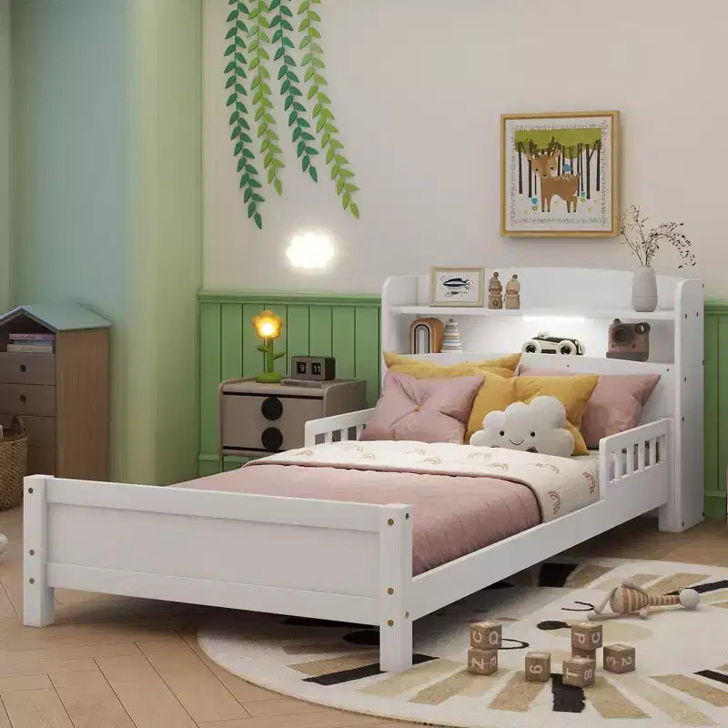 Lit plateforme jumeau/double avec tête de lit bibliothèque, cadre de lit jumeau en bois avec garde-corps et lumière LED pour chambre à coucher