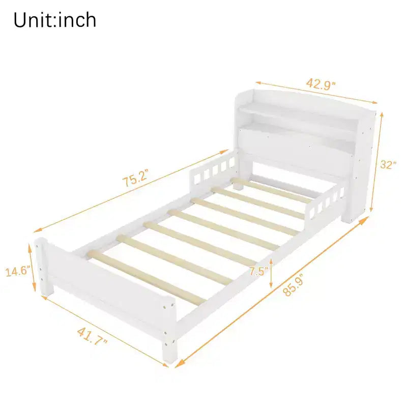 Lit plateforme jumeau/double avec tête de lit bibliothèque, cadre de lit jumeau en bois avec garde-corps et lumière LED pour chambre à coucher