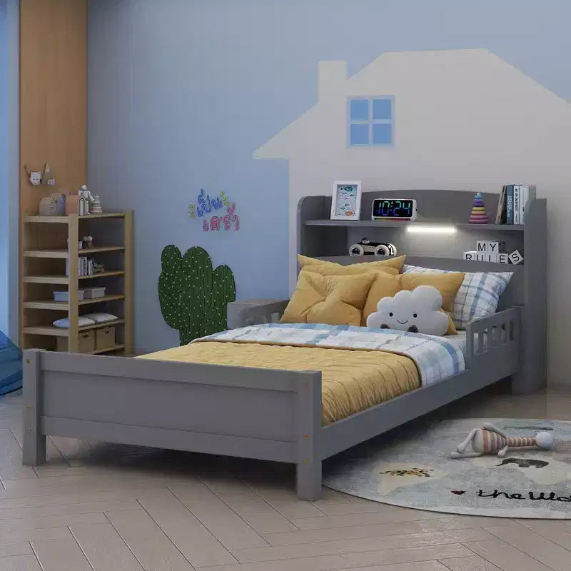 Lit plateforme jumeau/double avec tête de lit bibliothèque, cadre de lit jumeau en bois avec garde-corps et lumière LED pour chambre à coucher