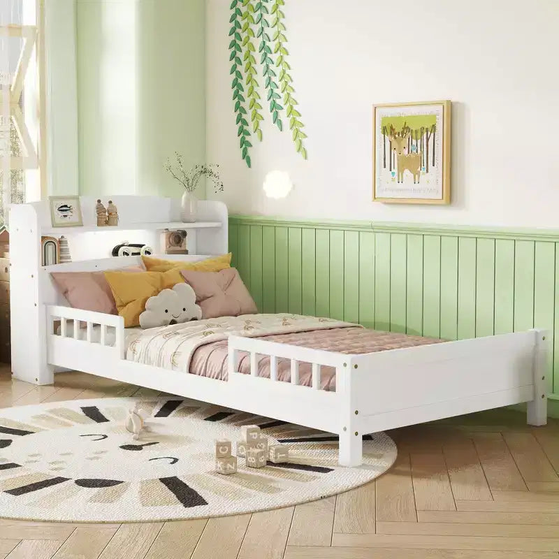 Lit plateforme jumeau/double avec tête de lit bibliothèque, cadre de lit jumeau en bois avec garde-corps et lumière LED pour chambre à coucher