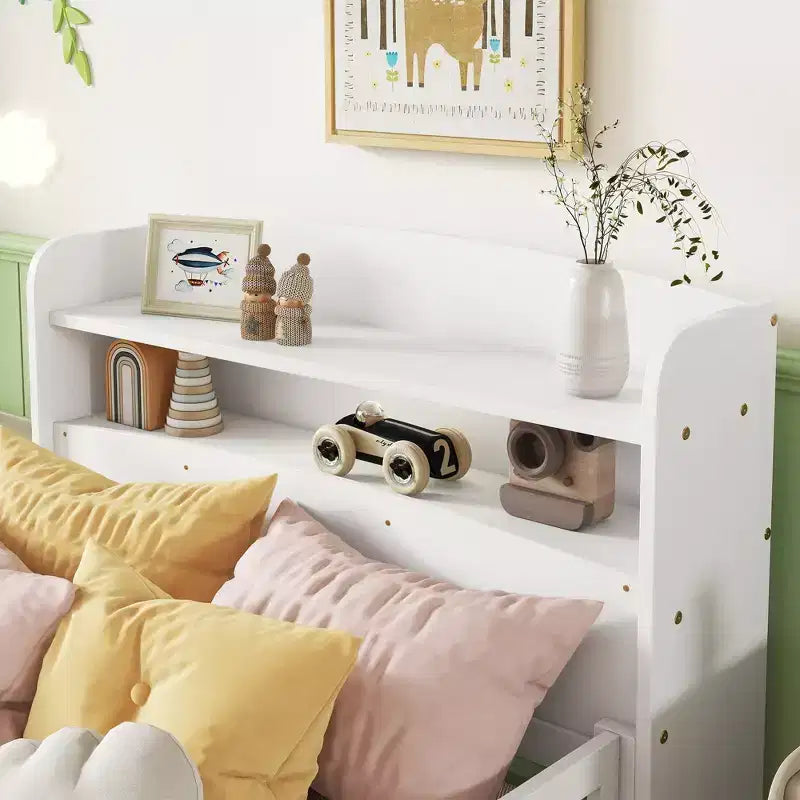 Lit plateforme jumeau/double avec tête de lit bibliothèque, cadre de lit jumeau en bois avec garde-corps et lumière LED pour chambre à coucher
