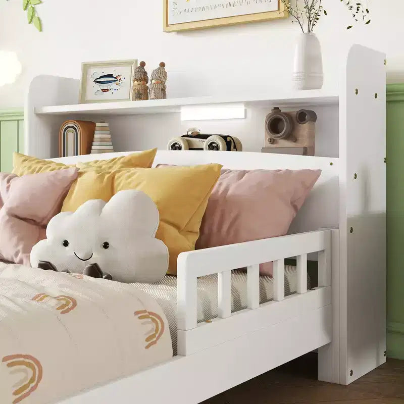Lit plateforme jumeau/double avec tête de lit bibliothèque, cadre de lit jumeau en bois avec garde-corps et lumière LED pour chambre à coucher