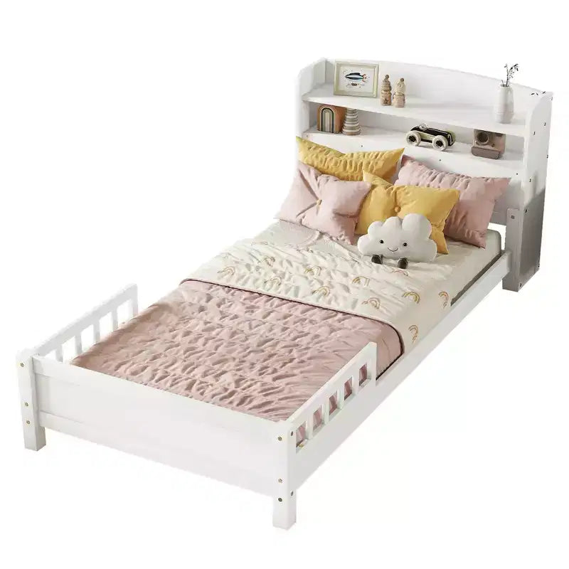 Lit plateforme jumeau/double avec tête de lit bibliothèque, cadre de lit jumeau en bois avec garde-corps et lumière LED pour chambre à coucher