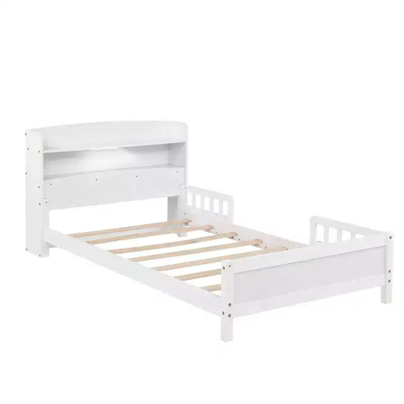 Lit plateforme jumeau/double avec tête de lit bibliothèque, cadre de lit jumeau en bois avec garde-corps et lumière LED pour chambre à coucher