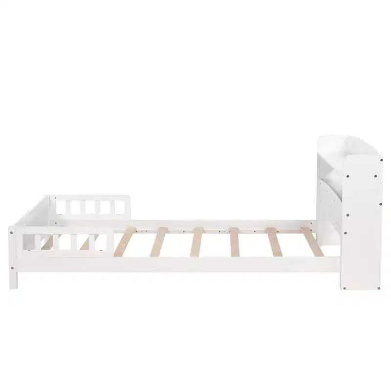 Lit plateforme jumeau/double avec tête de lit bibliothèque, cadre de lit jumeau en bois avec garde-corps et lumière LED pour chambre à coucher
