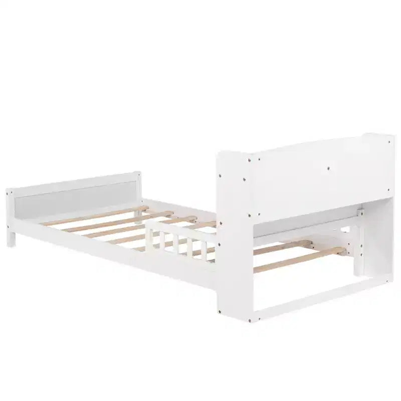 Lit plateforme jumeau/double avec tête de lit bibliothèque, cadre de lit jumeau en bois avec garde-corps et lumière LED pour chambre à coucher