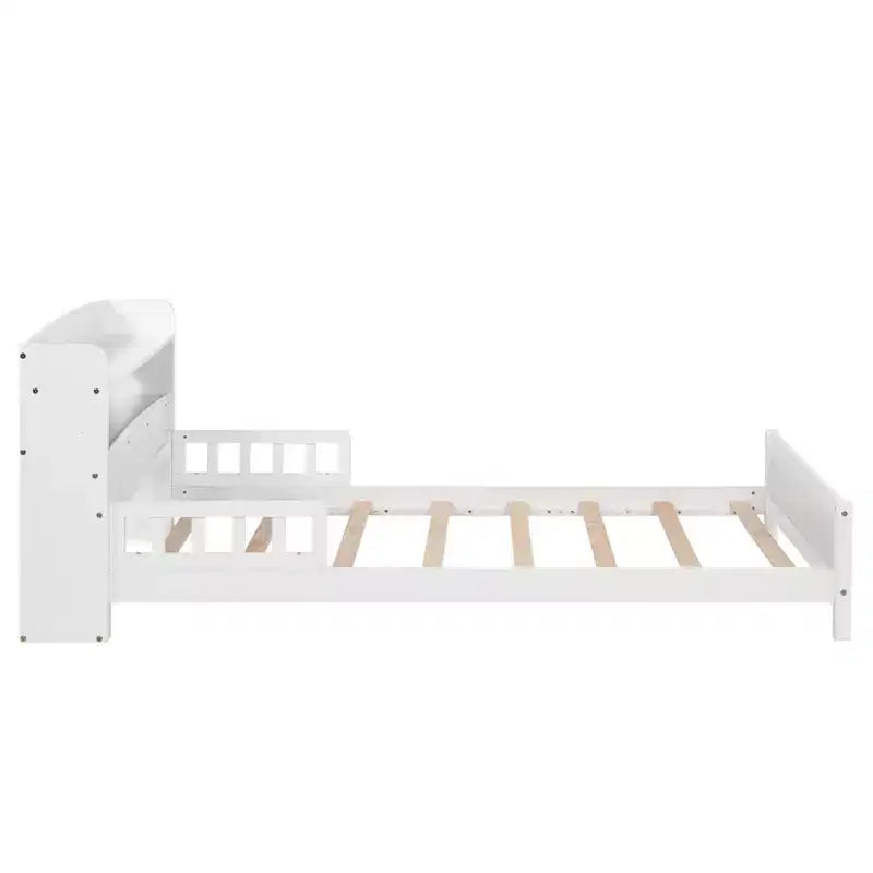 Lit plateforme jumeau/double avec tête de lit bibliothèque, cadre de lit jumeau en bois avec garde-corps et lumière LED pour chambre à coucher