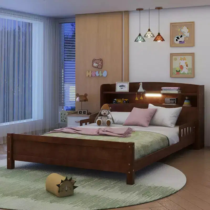 Lit plateforme jumeau/double avec tête de lit bibliothèque, cadre de lit jumeau en bois avec garde-corps et lumière LED pour chambre à coucher