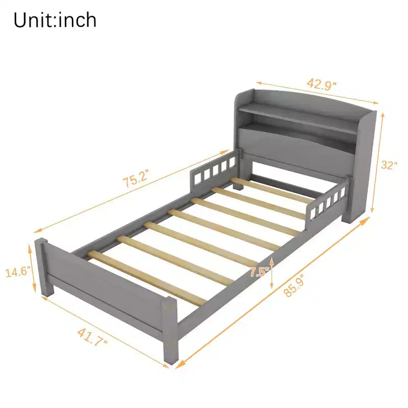 Lit plateforme jumeau/double avec tête de lit bibliothèque, cadre de lit jumeau en bois avec garde-corps et lumière LED pour chambre à coucher