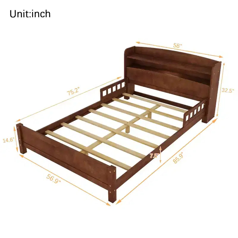 Lit plateforme jumeau/double avec tête de lit bibliothèque, cadre de lit jumeau en bois avec garde-corps et lumière LED pour chambre à coucher