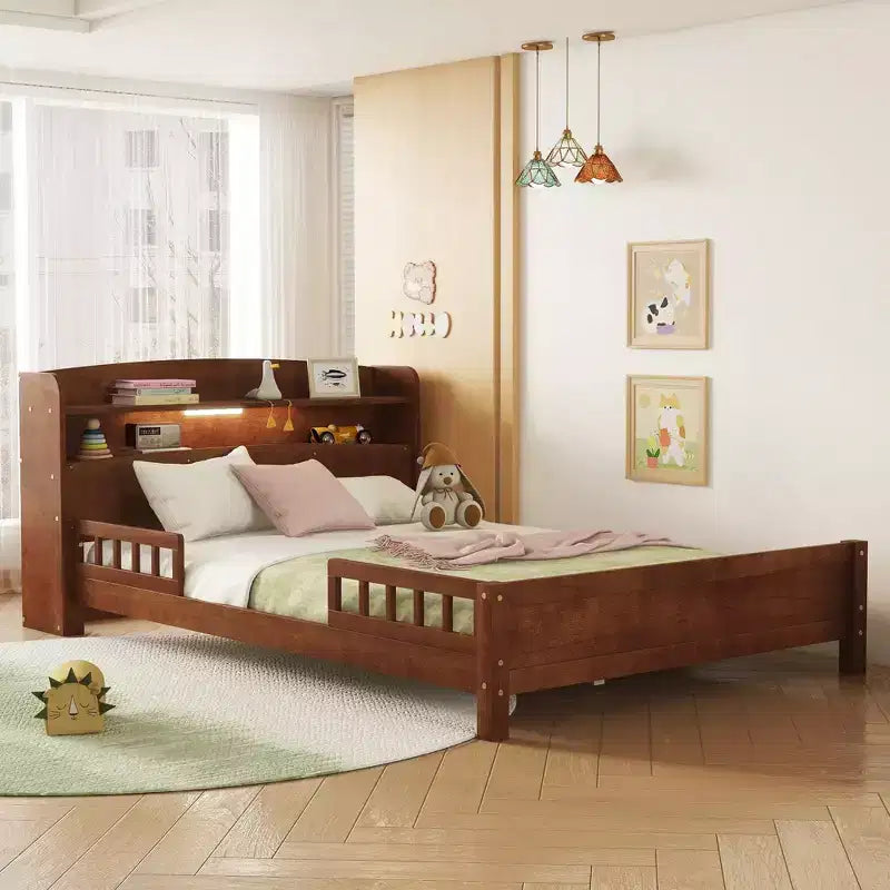 Lit plateforme jumeau/double avec tête de lit bibliothèque, cadre de lit jumeau en bois avec garde-corps et lumière LED pour chambre à coucher