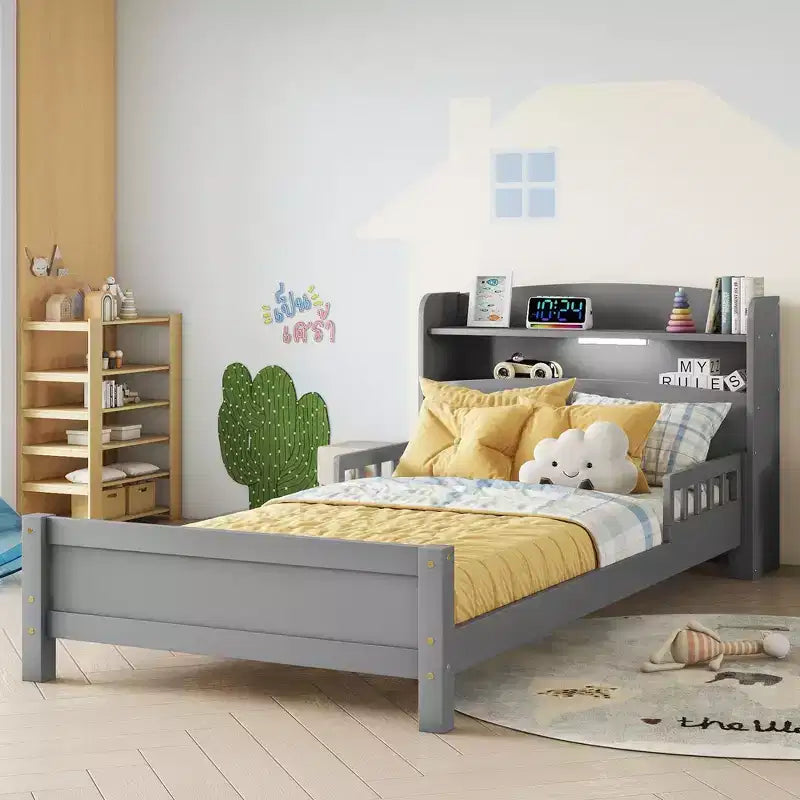Lit plateforme jumeau/double avec tête de lit bibliothèque, cadre de lit jumeau en bois avec garde-corps et lumière LED pour chambre à coucher