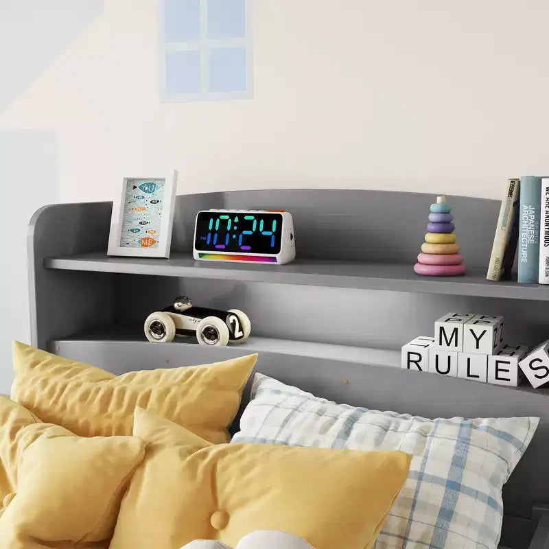Lit plateforme jumeau/double avec tête de lit bibliothèque, cadre de lit jumeau en bois avec garde-corps et lumière LED pour chambre à coucher