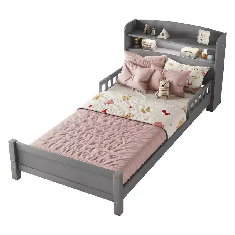 Lit plateforme jumeau/double avec tête de lit bibliothèque, cadre de lit jumeau en bois avec garde-corps et lumière LED pour chambre à coucher