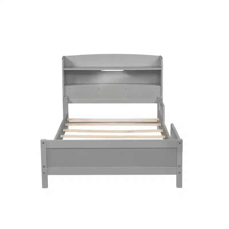 Lit plateforme jumeau/double avec tête de lit bibliothèque, cadre de lit jumeau en bois avec garde-corps et lumière LED pour chambre à coucher