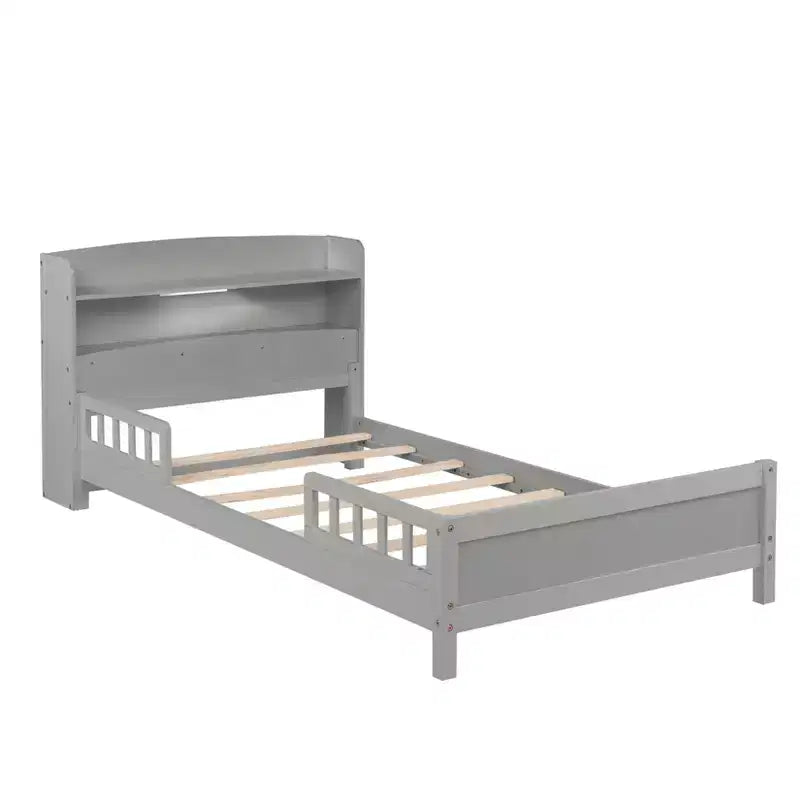 Lit plateforme jumeau/double avec tête de lit bibliothèque, cadre de lit jumeau en bois avec garde-corps et lumière LED pour chambre à coucher
