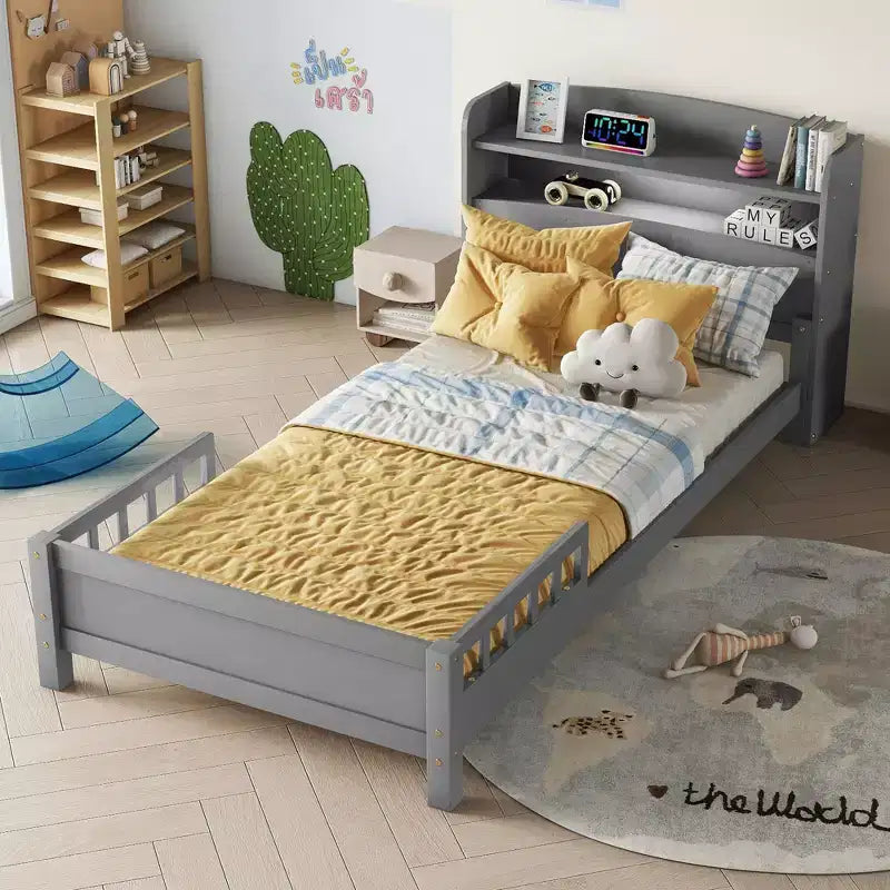Twin/Full Size Platform Bed with Bookcase Headboard, Wood Twin Bed Frame with Guardrails and LED Light for Bedroom