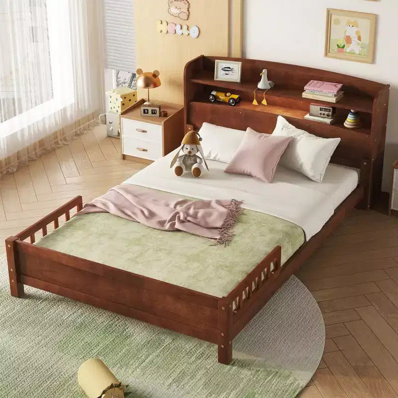 Lit plateforme jumeau/double avec tête de lit bibliothèque, cadre de lit jumeau en bois avec garde-corps et lumière LED pour chambre à coucher