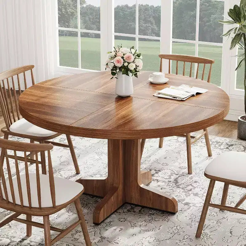 Table à manger ronde pour 4 personnes, table de salle à manger de 119 cm avec piètement en bois, table de cuisine ronde pour salle à manger, cuisine, salon (table uniquement)