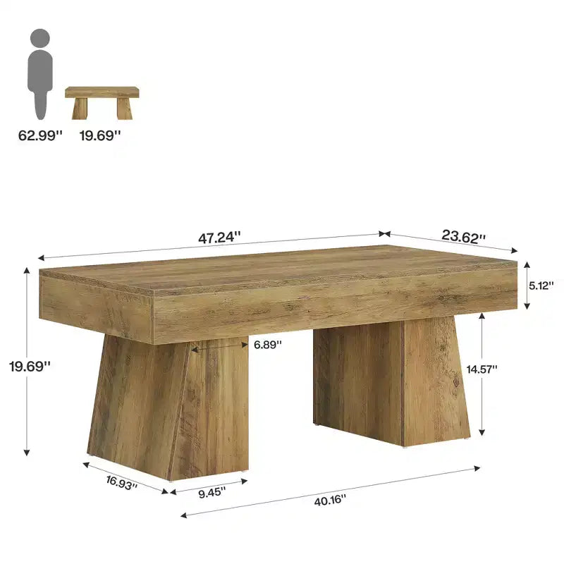 Table basse de ferme de 120 cm, table centrale rectangulaire avec base épaisse