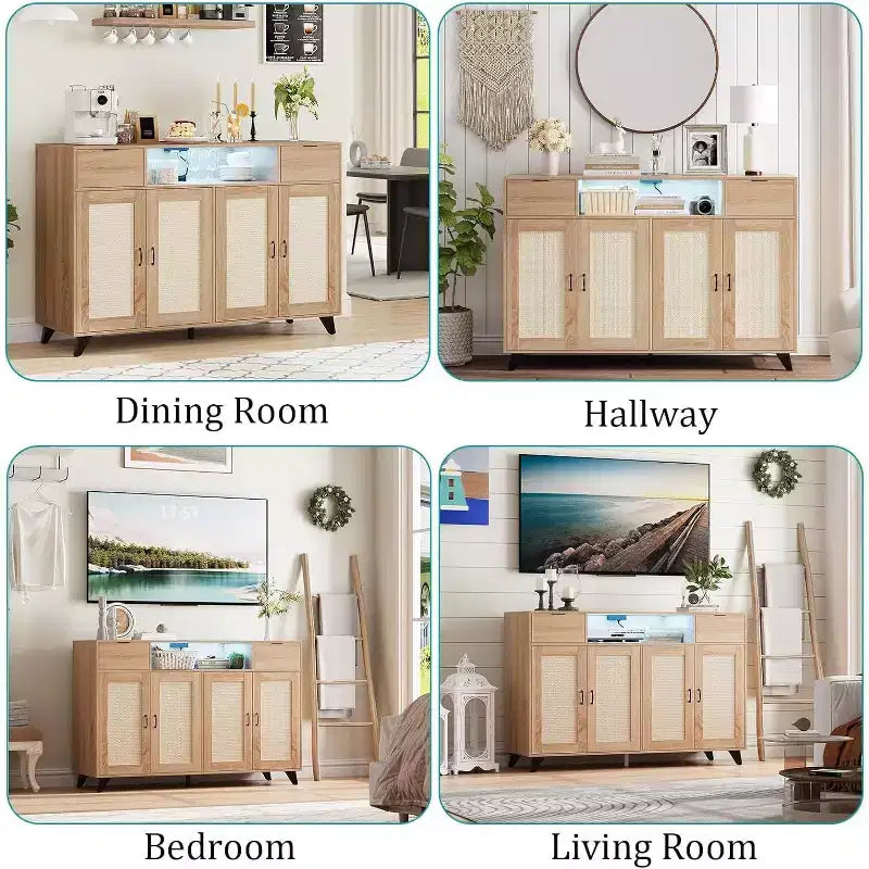 Buffet de rangement avec 2 tiroirs et portes, éclairage intégré et prise de courant, meuble de rangement d'appoint, table de bar à café, pour cuisine, salle à manger
