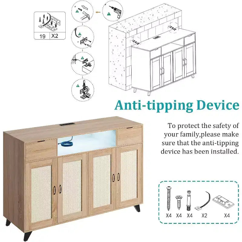 Buffet de rangement avec 2 tiroirs et portes, éclairage intégré et prise de courant, meuble de rangement d'appoint, table de bar à café, pour cuisine, salle à manger