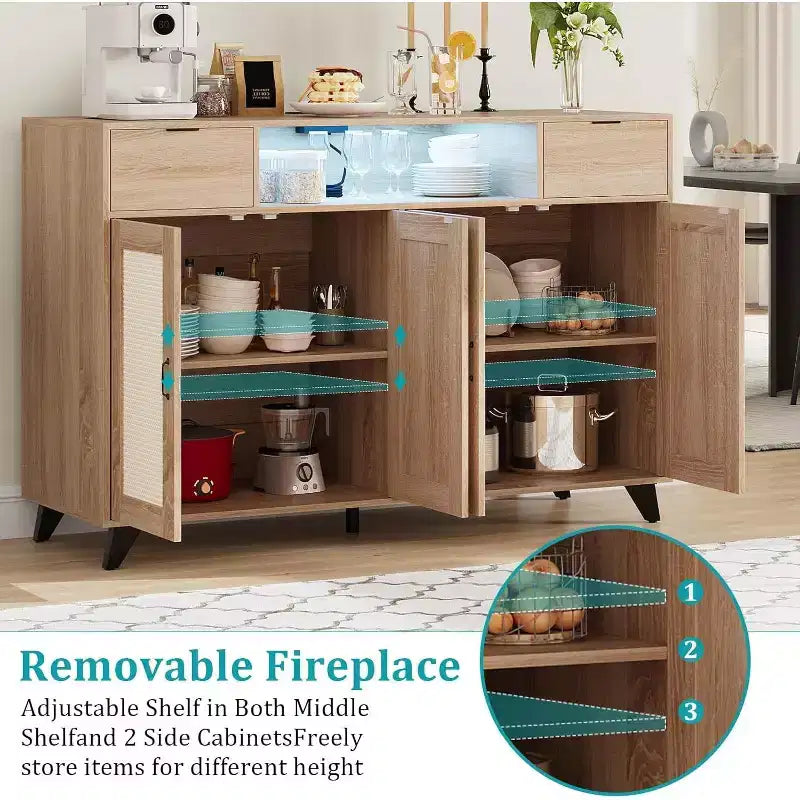 Buffet de rangement avec 2 tiroirs et portes, éclairage intégré et prise de courant, meuble de rangement d'appoint, table de bar à café, pour cuisine, salle à manger