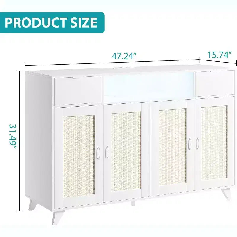 Buffet de rangement avec 2 tiroirs et portes, éclairage intégré et prise de courant, meuble de rangement d'appoint, table de bar à café, pour cuisine, salle à manger
