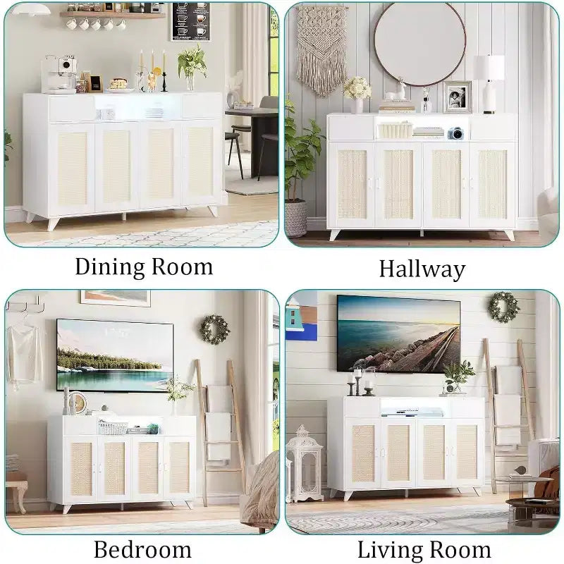 Buffet de rangement avec 2 tiroirs et portes, éclairage intégré et prise de courant, meuble de rangement d'appoint, table de bar à café, pour cuisine, salle à manger