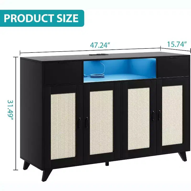 Buffet de rangement avec 2 tiroirs et portes, éclairage intégré et prise de courant, meuble de rangement d'appoint, table de bar à café, pour cuisine, salle à manger