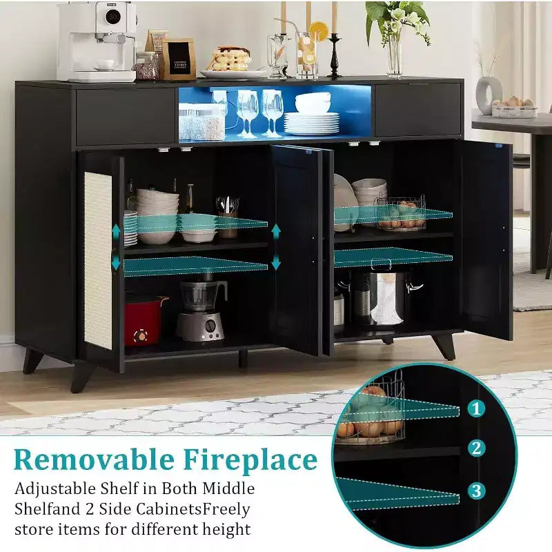 Buffet de rangement avec 2 tiroirs et portes, éclairage intégré et prise de courant, meuble de rangement d'appoint, table de bar à café, pour cuisine, salle à manger