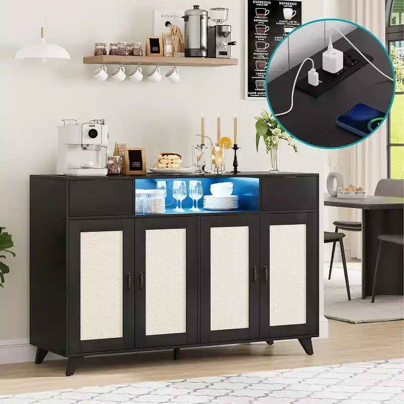 Buffet de rangement avec 2 tiroirs et portes, éclairage intégré et prise de courant, meuble de rangement d'appoint, table de bar à café, pour cuisine, salle à manger