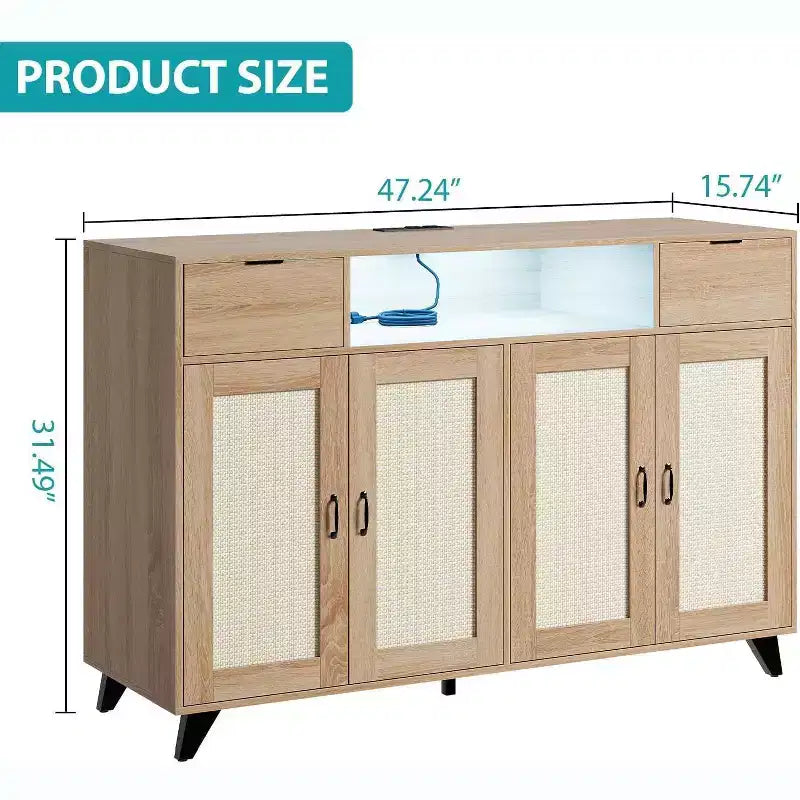 Buffet de rangement avec 2 tiroirs et portes, éclairage intégré et prise de courant, meuble de rangement d'appoint, table de bar à café, pour cuisine, salle à manger