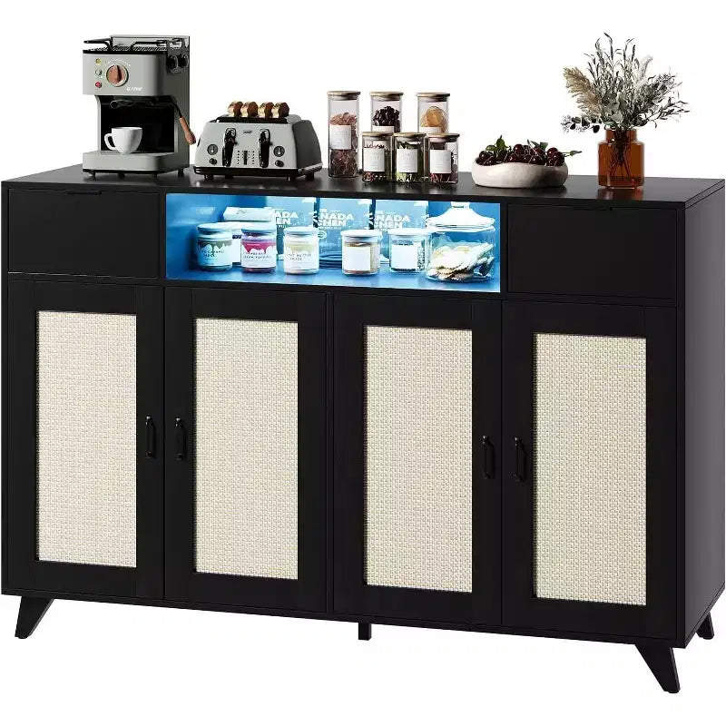 Sideboard Cabinet with 2 Drawers and Doors, Built-in Light and Power Outlet, Accent Storage Cabinet, Coffee Bar Table, for Kitchen, Dining Room