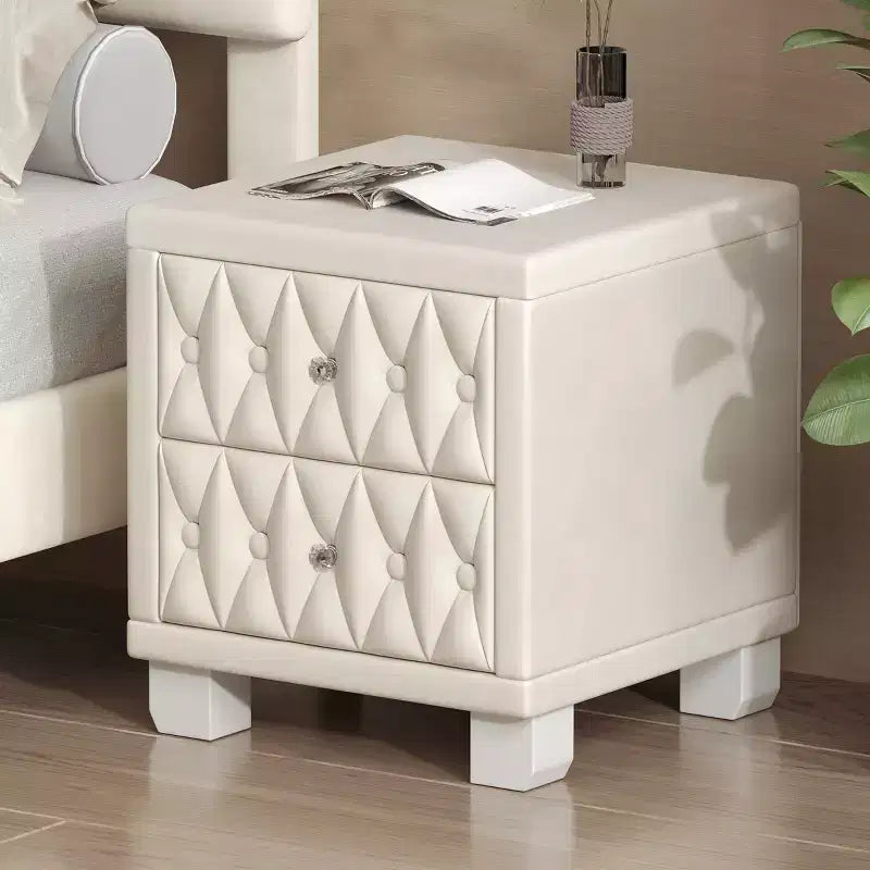 Table de chevet élégante en velours avec 2 tiroirs, table de chevet capitonnée avec poignées en cristal pour chambre ou salon