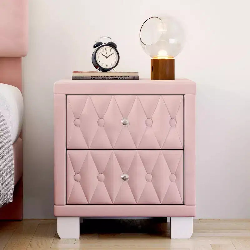 Table de chevet élégante en velours avec 2 tiroirs, table de chevet capitonnée avec poignées en cristal pour chambre ou salon