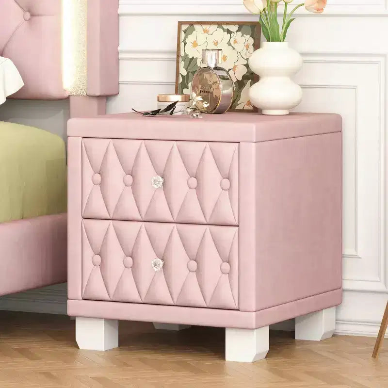 Table de chevet élégante en velours avec 2 tiroirs, table de chevet capitonnée avec poignées en cristal pour chambre ou salon