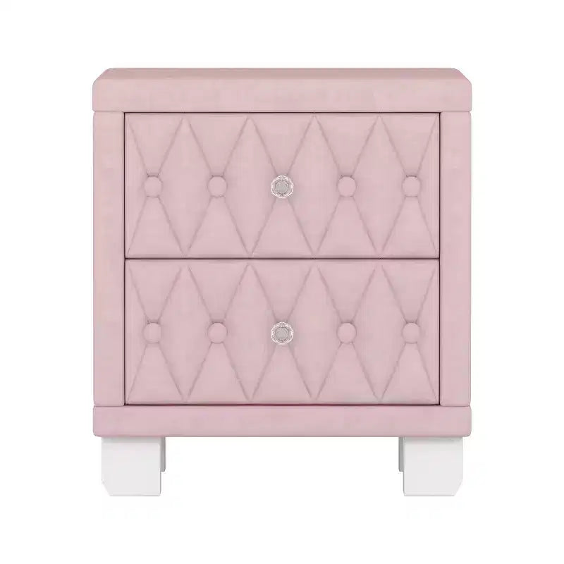 Table de chevet élégante en velours avec 2 tiroirs, table de chevet capitonnée avec poignées en cristal pour chambre ou salon