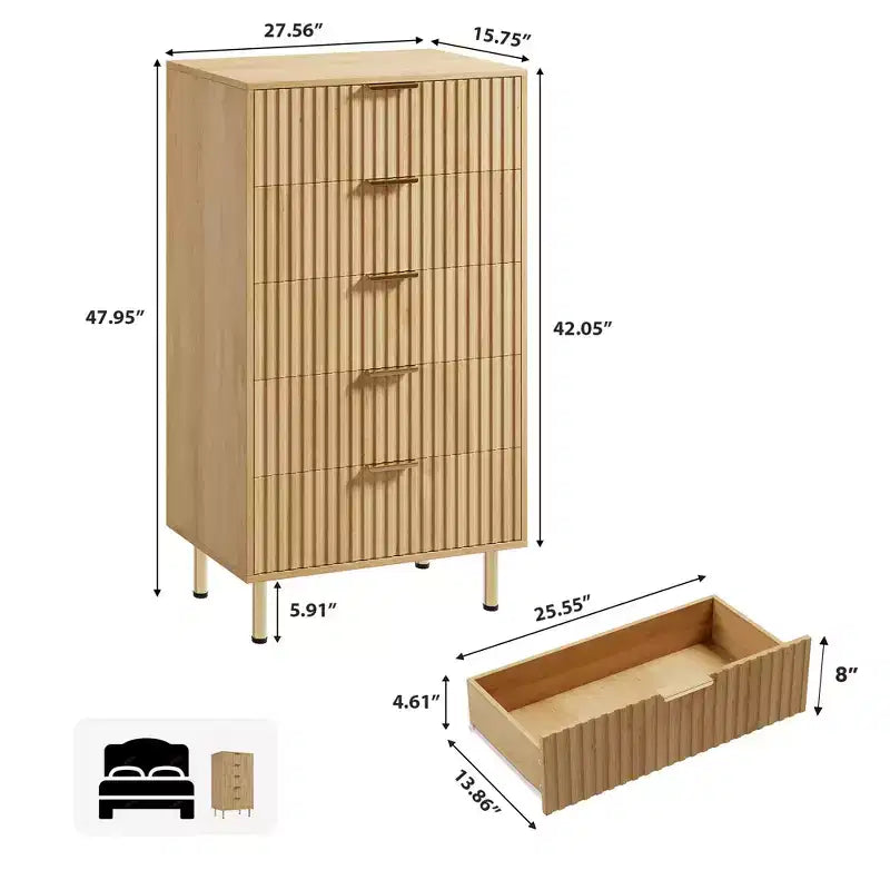 Commode à 5 tiroirs, commode moderne avec tiroirs profonds et plateau large, commode de rangement en bois cannelé pour salon, couloir