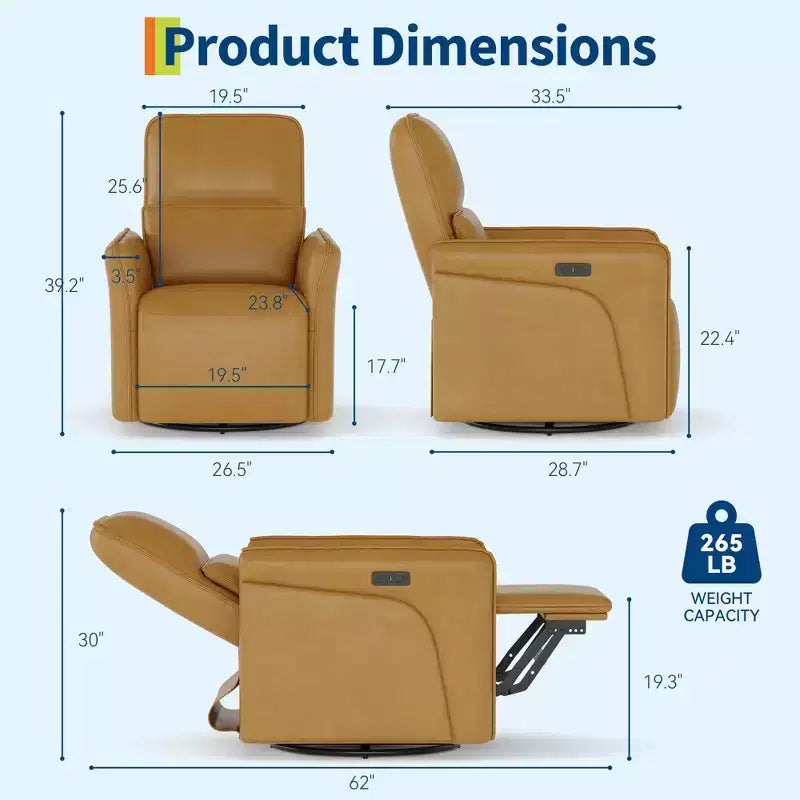 Fauteuil inclinable pivotant à 360° avec station de charge USB, fauteuil en cuir, fauteuil à bascule électrique avec siège profond rembourré, soutien lombaire réglable